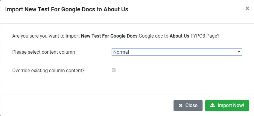 Import Google Doc popup